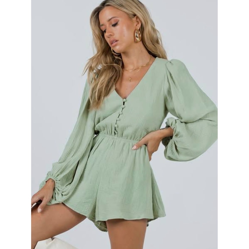 Princess Polly Morton Romper Sage SZ 4 Long Balloon Sleeve 2" Inseam V-Neck